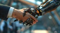 Human hand shakes a robotic arm, symbolizing future partnership in technology and workforce. Robotic arms