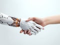 Human hand shaking with robot. interacting with AI or artificial intelligence.