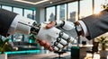 human hand shaking with a robot hand in a modern office setting Royalty Free Stock Photo
