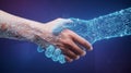 Human hand shaking a robotic hand with glowing blue circuit lines over a dark blue background Royalty Free Stock Photo