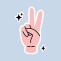 Human hand showing peace, victory gesture. Peace hand gesture sign. Peace love sticker concept. Vector illustration Royalty Free Stock Photo