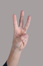 Human hand showing three fingers on grey background Royalty Free Stock Photo
