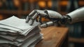 A human hand is shown handing over a stack of paperwork to a robotic hand symbolizing the transfer of traditional