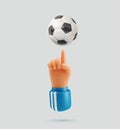 Human hand spinning soccer ball on the finger cartoon illustration . Football players arm holding ball on finger Royalty Free Stock Photo