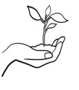 Human hand with sprout hand drawn sketch icon.