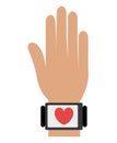 human hand with square watch and media icon, graphic