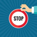 Human hand with stop sign - concept vector illustration in flat style design for creative projects. Human hand and circle.