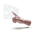 Human hand touching a transparent digital screen with a stylus isolated on white background Royalty Free Stock Photo