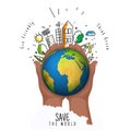 Human hand supporting earth globe with city view.