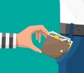 Human hand takes money cash from pocket. Royalty Free Stock Photo