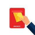 Human hand is taking out an envelope from a postbox. Flat vector illustration of mailbox and a hand holding sealed letter. Royalty Free Stock Photo