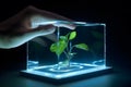 human hand on tha glass box with plant hologram. futuristic concept of save nature. generative AI