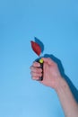 in a human hand there is a black lighter on a blue background. ecology