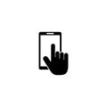 Human Hand Touch on Smartphone Screen. Flat Vector Icon illustration. Simple black symbol on white background. Human Royalty Free Stock Photo