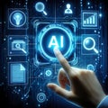 AI Technology Interface â Futuristic Touchscreen Interaction. Hand is touching AI Icon Royalty Free Stock Photo
