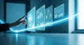 Human hand interacting with glowing futuristic digital interface displaying charts and data analytics Royalty Free Stock Photo