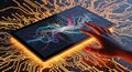 A human hand touches a modern digital tablet screen displaying colorful abstract data visualization. Royalty Free Stock Photo
