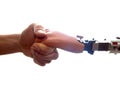 Human hand touches prosthetic hand