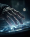 Human Hand Touching Futuristic Digital Interface with Glowing Blue Light and Data Particles, High-Tech Virtual Reality Screen Royalty Free Stock Photo