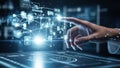 Human hand touching a glowing blue digital interface with interconnected nodes and data streams in a futuristic setting Royalty Free Stock Photo