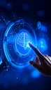 Human hand touching glowing digital brain icon on a futuristic blue interface, symbolizing AI and technology. Royalty Free Stock Photo