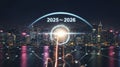 glowing digital interface in futuristic city with \'2025~2026\' text, representing future technology Royalty Free Stock Photo