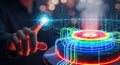Human hand touching a glowing futuristic digital interface, interacting with complex data streams and advanced technology. Royalty Free Stock Photo