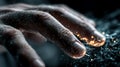Human Hand Touching Glowing Particles in Dark Abstract Composition Royalty Free Stock Photo