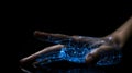 Human hand touching hologram screen with finger with glowing polygonal wireframe on dark background generative AI Royalty Free Stock Photo