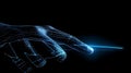 Human hand touching hologram screen with finger with glowing polygonal wireframe on dark background generative AI Royalty Free Stock Photo