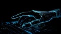 Human hand touching hologram screen with finger with glowing polygonal wireframe on dark background generative AI Royalty Free Stock Photo