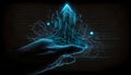 Human hand touching hologram screen with finger with glowing polygonal wireframe on dark background generative AI Royalty Free Stock Photo