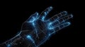 Human hand touching hologram screen with finger with glowing polygonal wireframe on dark background generative AI Royalty Free Stock Photo