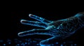 Human hand touching hologram screen with finger with glowing polygonal wireframe on dark background generative AI Royalty Free Stock Photo