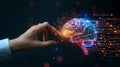 Human hand touching a holographic brain interfacing with a robotic arm, a metaphor for AI and human collaboration Royalty Free Stock Photo