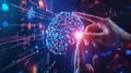 Human hand touching a holographic brain interfacing with a robotic arm, a metaphor for AI and human collaboration Royalty Free Stock Photo