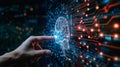 Human hand touching a holographic brain interfacing with a robotic arm, a metaphor for AI and human collaboration Royalty Free Stock Photo