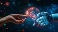 Human hand touching a holographic brain interfacing with a robotic arm, a metaphor for AI and human collaboration Royalty Free Stock Photo