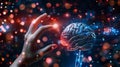 Human hand touching a holographic brain interfacing with a robotic arm, a metaphor for AI and human collaboration Royalty Free Stock Photo