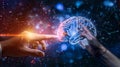 Human hand touching a holographic brain interfacing with a robotic arm, a metaphor for AI and human collaboration Royalty Free Stock Photo