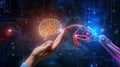 Human hand touching a holographic brain interfacing with a robotic arm, a metaphor for AI and human collaboration Royalty Free Stock Photo