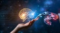 Human hand touching a holographic brain interfacing with a robotic arm, a metaphor for AI and human collaboration Royalty Free Stock Photo