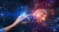 Human hand touching a holographic brain interfacing with a robotic arm, a metaphor for AI and human collaboration Royalty Free Stock Photo