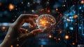 Human hand touching a holographic brain interfacing with a robotic arm, a metaphor for AI and human collaboration Royalty Free Stock Photo