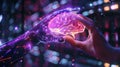 Human hand touching a holographic brain interfacing with a robotic arm, a metaphor for AI and human collaboration Royalty Free Stock Photo