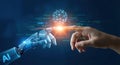 Human hand touching robot finger on AI digital interface connection Royalty Free Stock Photo