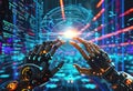 human hand touching robot hand touching large network connection, electrical signals, program codes