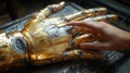 Human hand touching a robotic hand - symbol of future - generative ai