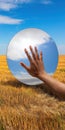 Human hand touching sky reflection in a circular mirror Royalty Free Stock Photo
