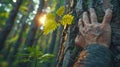 Human Hand Touching Tree Bark in Lush Forest with Sunlight
